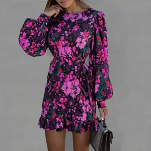 Fashion Sexy Printed Round Neck Tie Waist Long Sleeve Dress