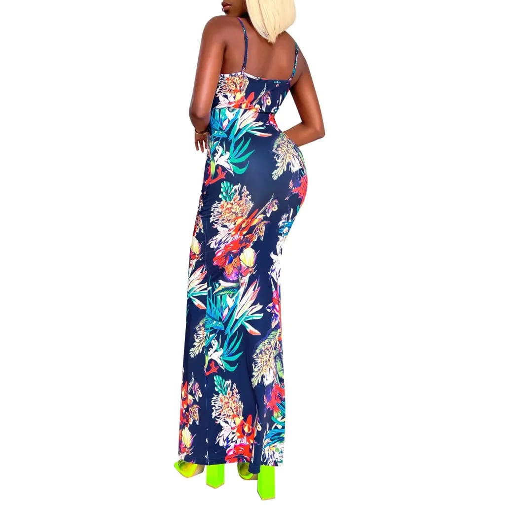 Floral Print Front Split V-Neck Cami Dress