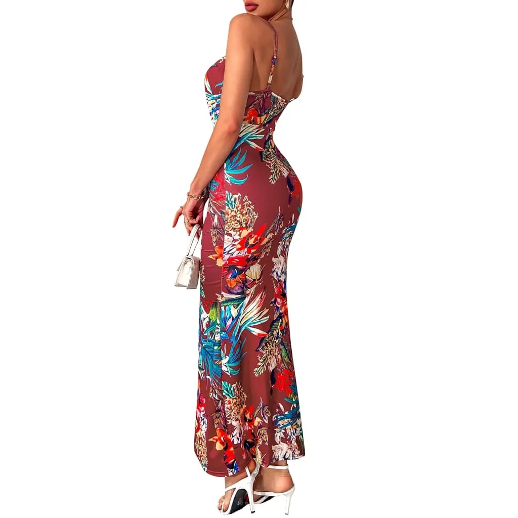 Floral Print Front Split V-Neck Cami Dress