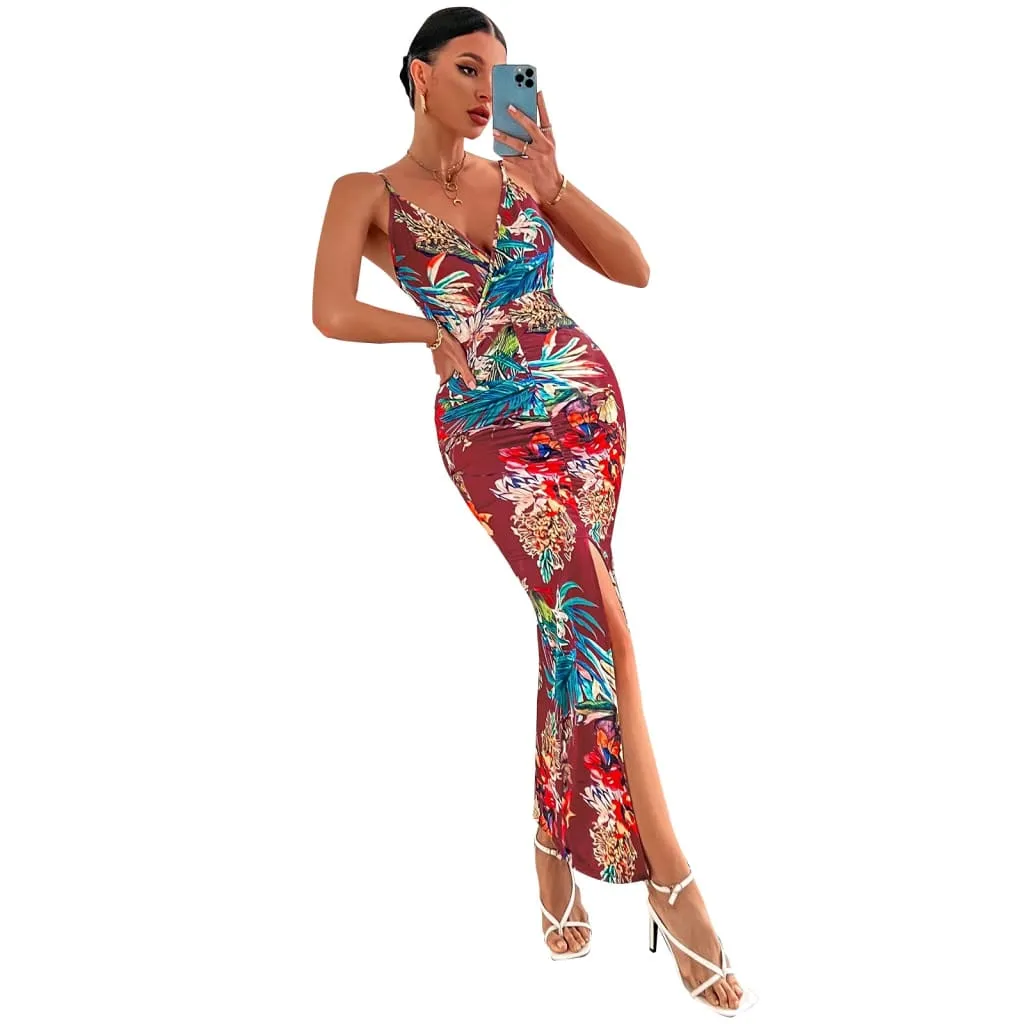 Floral Print Front Split V-Neck Cami Dress