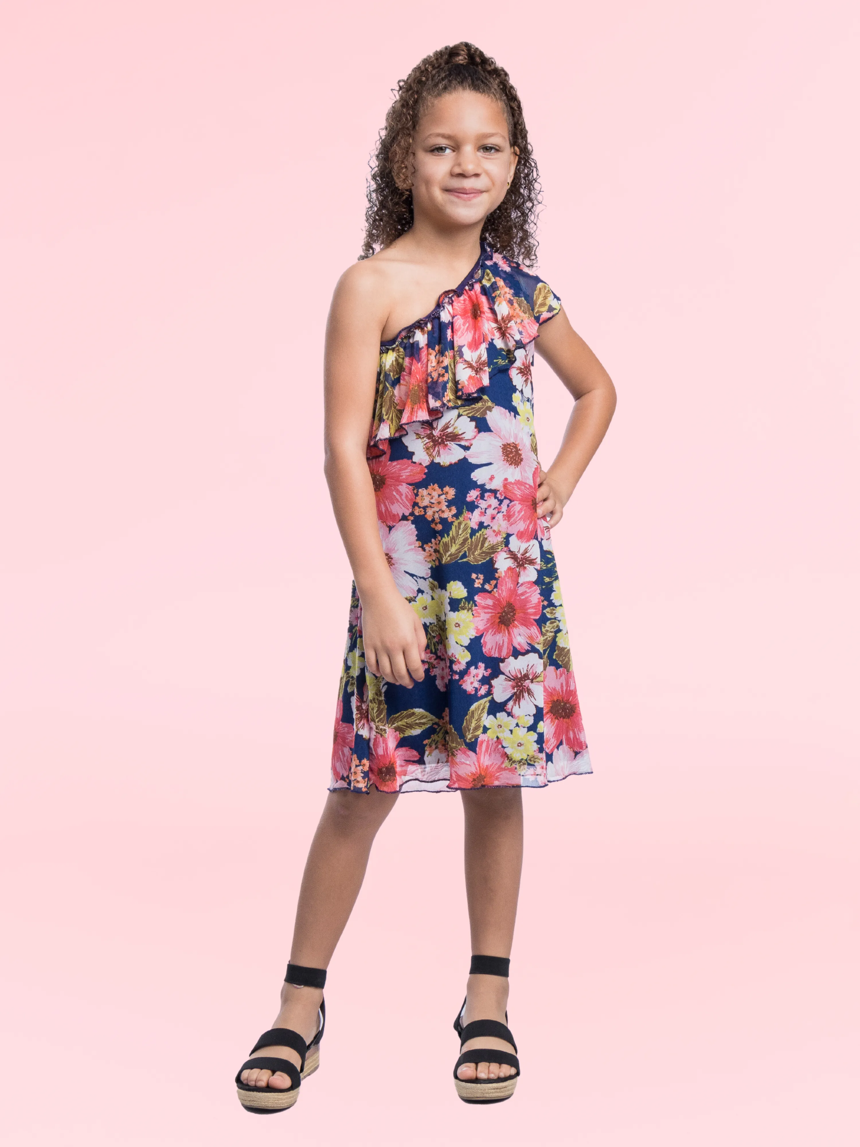 Girls Blue Floral One Shoulder Ruffle Knee Length Dress