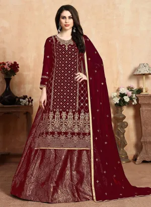 Glitzy Maroon Embroidered Georgette Wedding Lehenga Suit