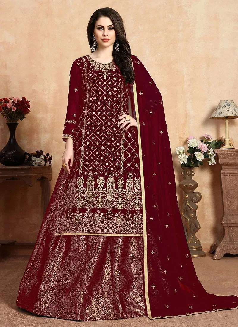 Glitzy Maroon Embroidered Georgette Wedding Lehenga Suit