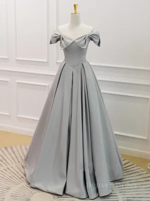 Gray A-Line Satin Long Prom Dress Gray Formal Evening Dress