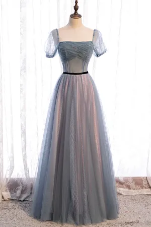 Gray Blue Tulle Long A-Line Prom Dress Cute Short Sleeve Evening Dress