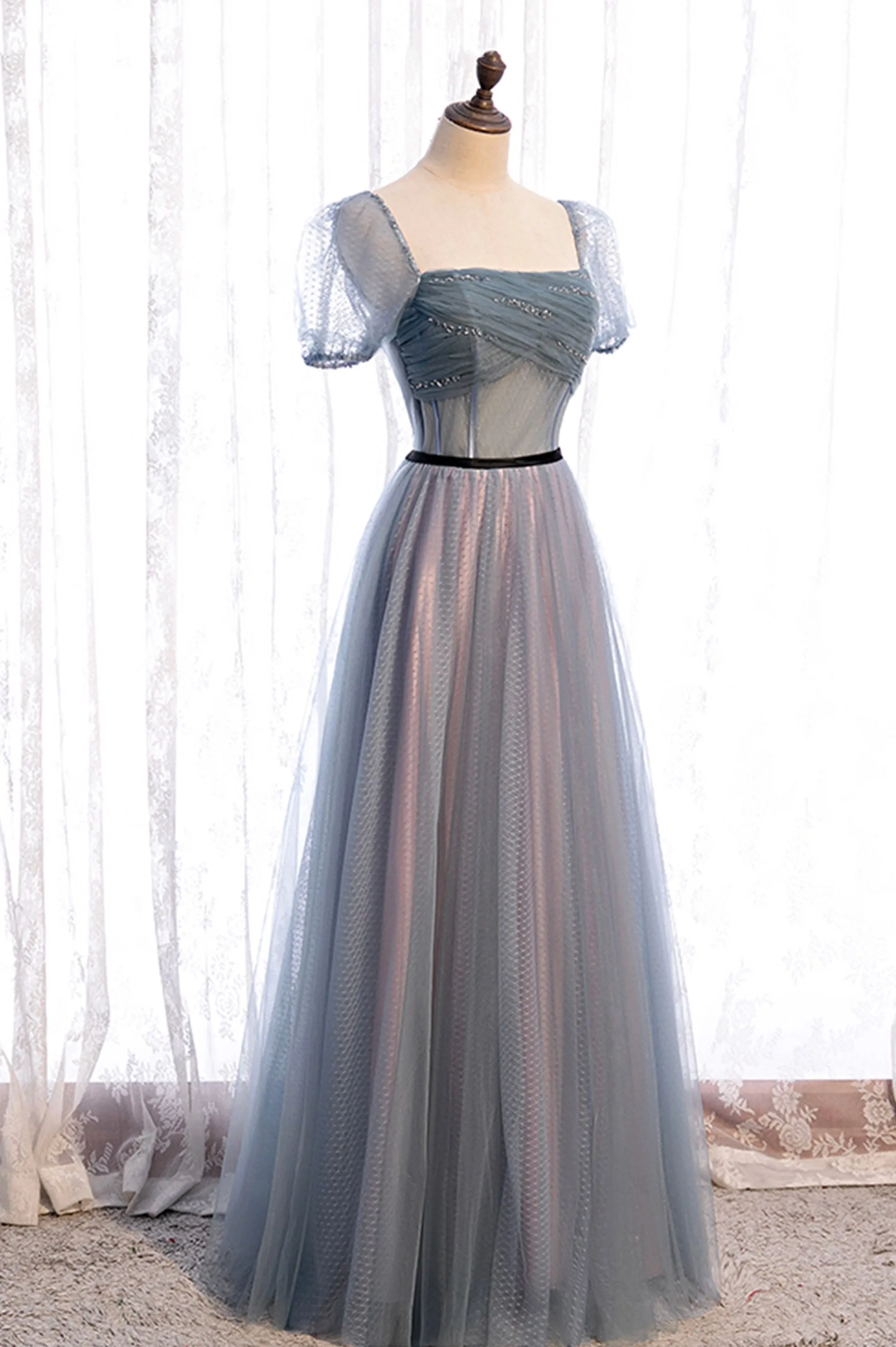 Gray Blue Tulle Long A-Line Prom Dress Cute Short Sleeve Evening Dress