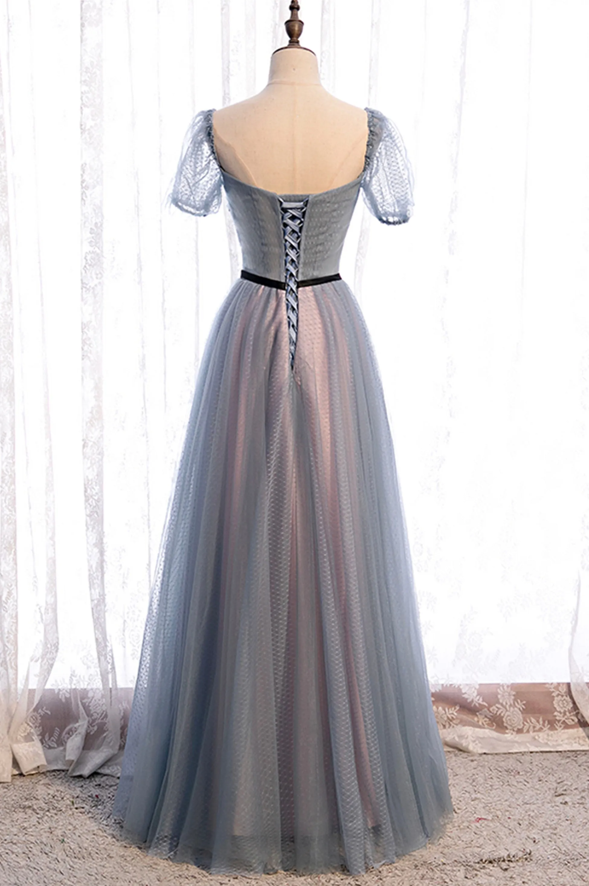 Gray Blue Tulle Long A-Line Prom Dress Cute Short Sleeve Evening Dress