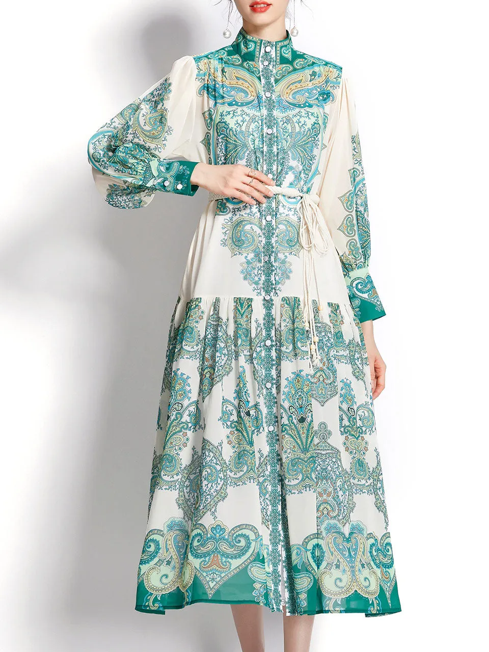 Green High Neck Floral Print Trumpet Sleeve Bohemian Dress Maxi Dress