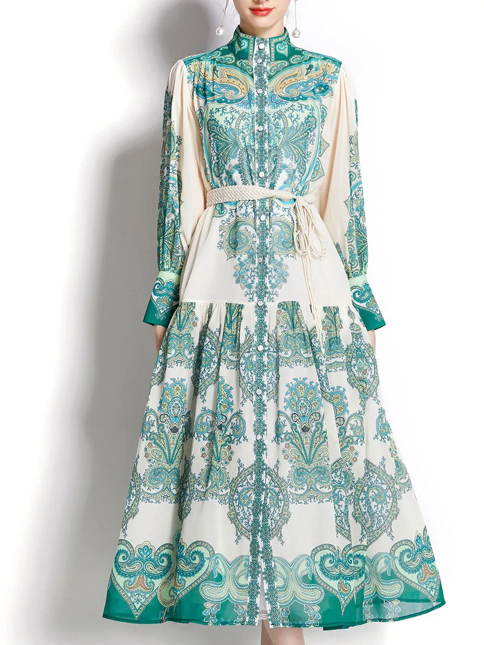 Green High Neck Floral Print Trumpet Sleeve Bohemian Dress Maxi Dress