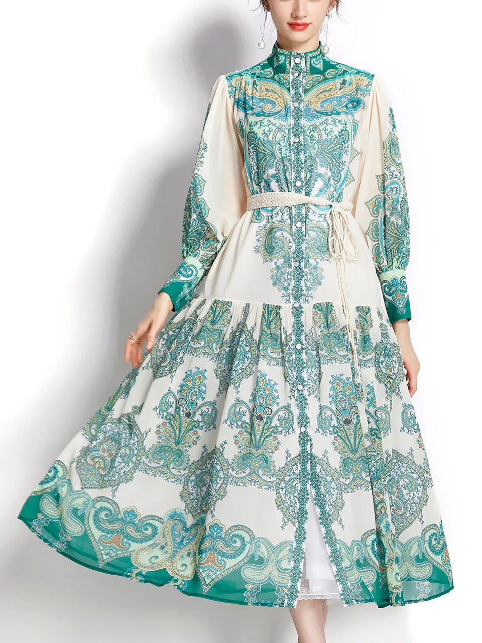 Green High Neck Floral Print Trumpet Sleeve Bohemian Dress Maxi Dress