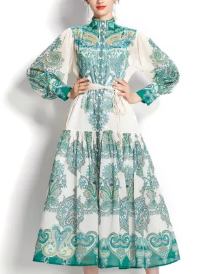 Green High Neck Floral Print Trumpet Sleeve Bohemian Dress Maxi Dress