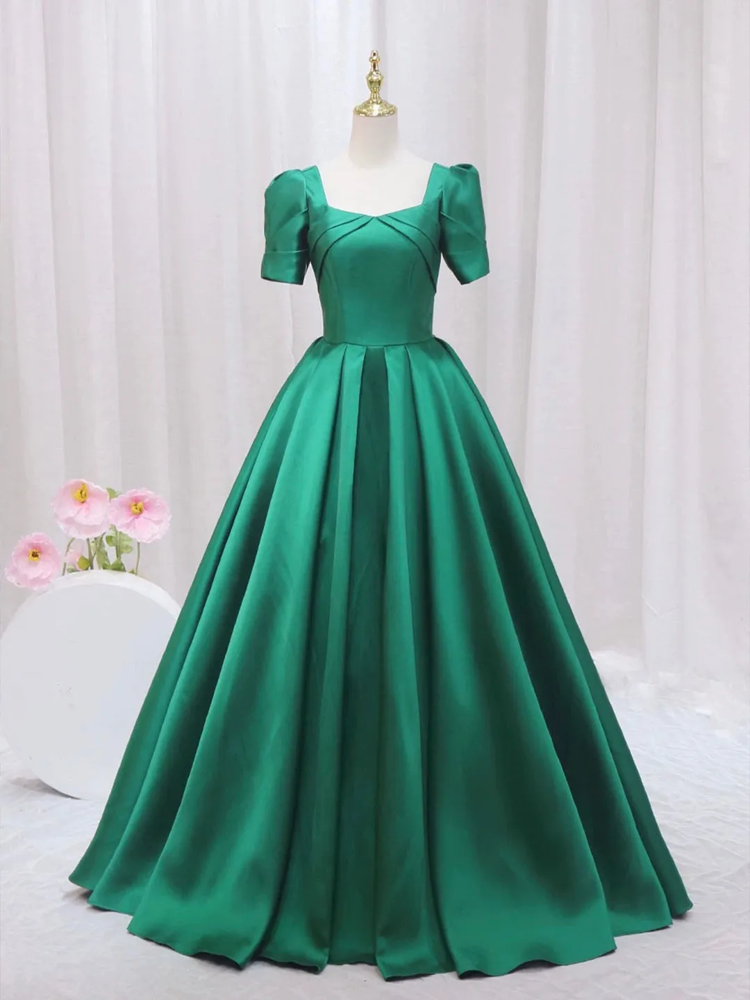 Green Satin Floor Length Prom Dress Green Short Sleeve Evening Dress