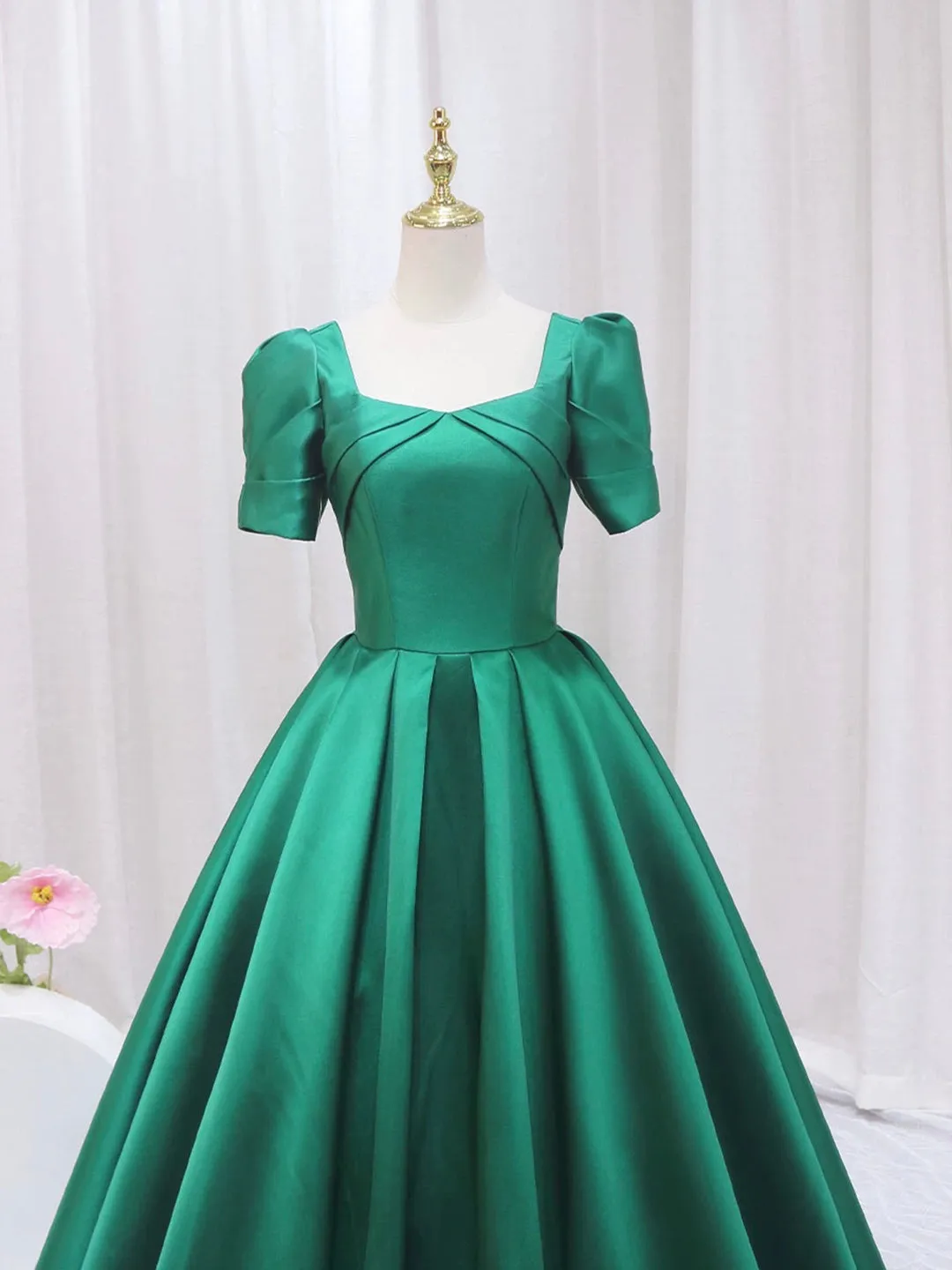 Green Satin Floor Length Prom Dress Green Short Sleeve Evening Dress