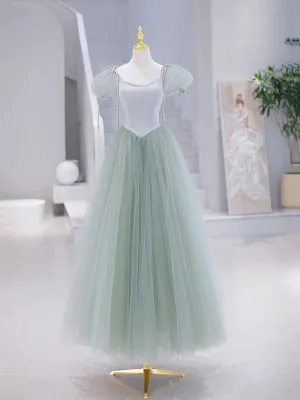 Green Tulle Floor Length Prom Dress Green Short Sleeve Evening Party Dress