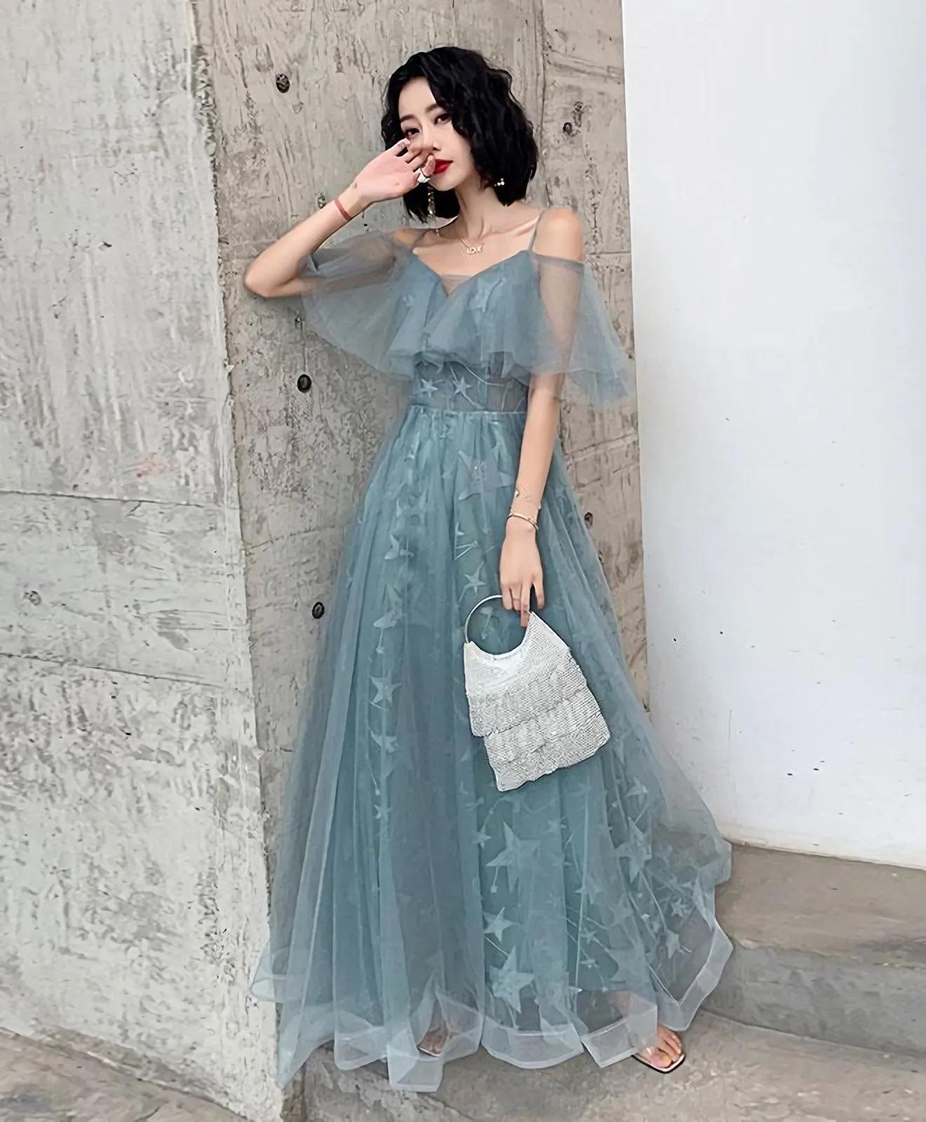 Green Tulle Lace Long Prom Dress Green Evening Dress