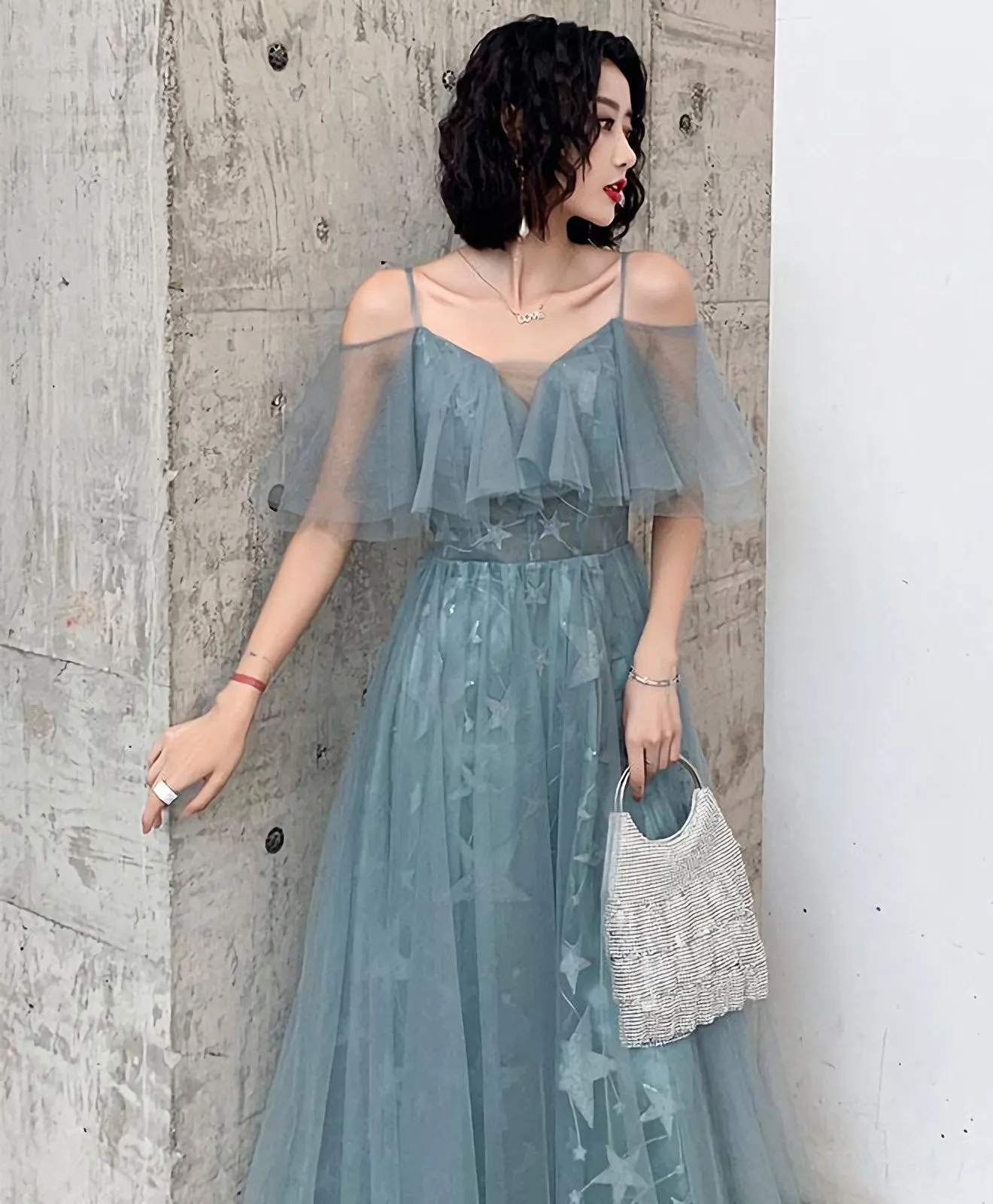 Green Tulle Lace Long Prom Dress Green Evening Dress