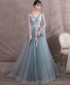 Green V Neck Tulle Lace Long Prom Dress Green Evening Dress