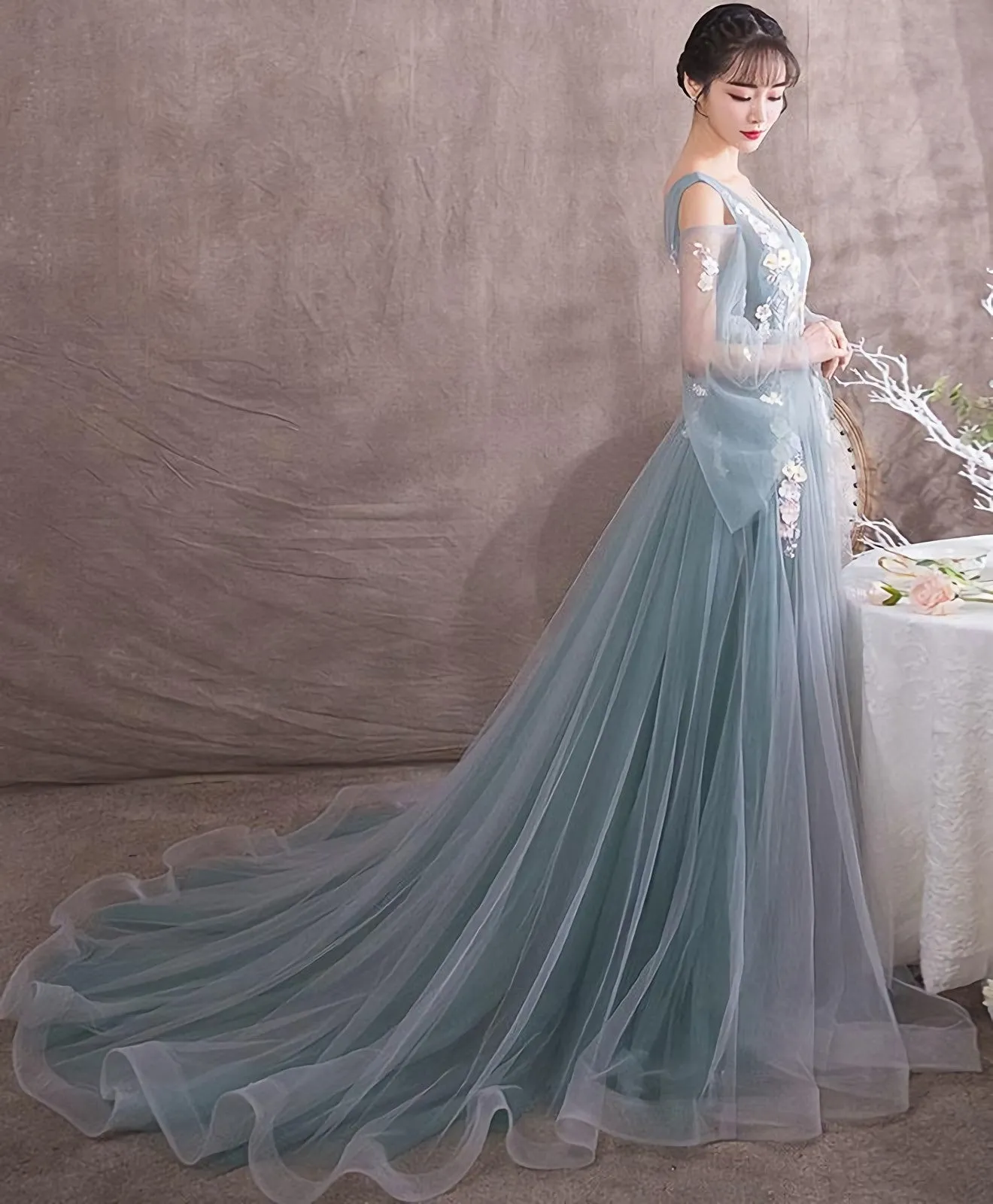 Green V Neck Tulle Lace Long Prom Dress Green Evening Dress