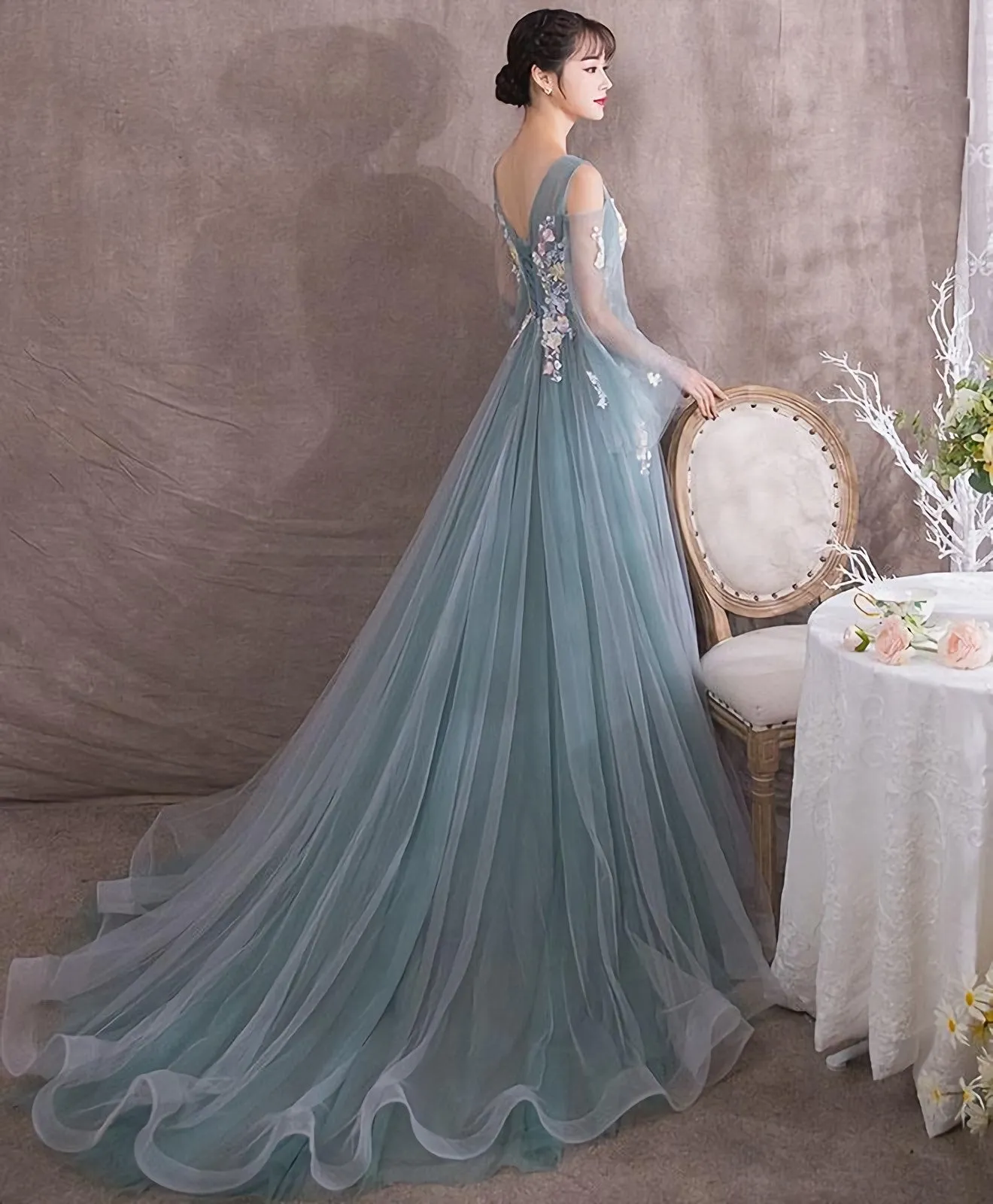 Green V Neck Tulle Lace Long Prom Dress Green Evening Dress