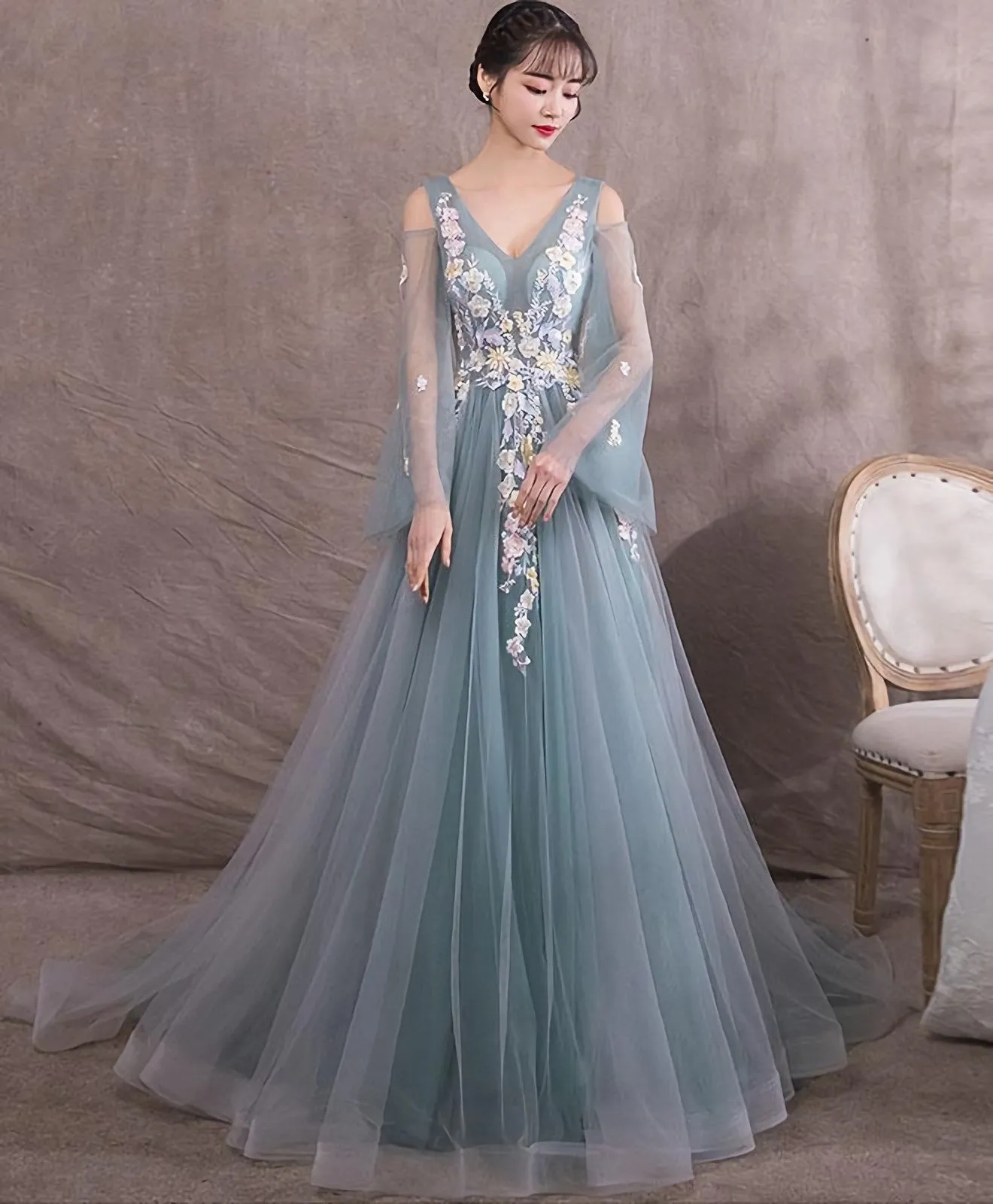 Green V Neck Tulle Lace Long Prom Dress Green Evening Dress