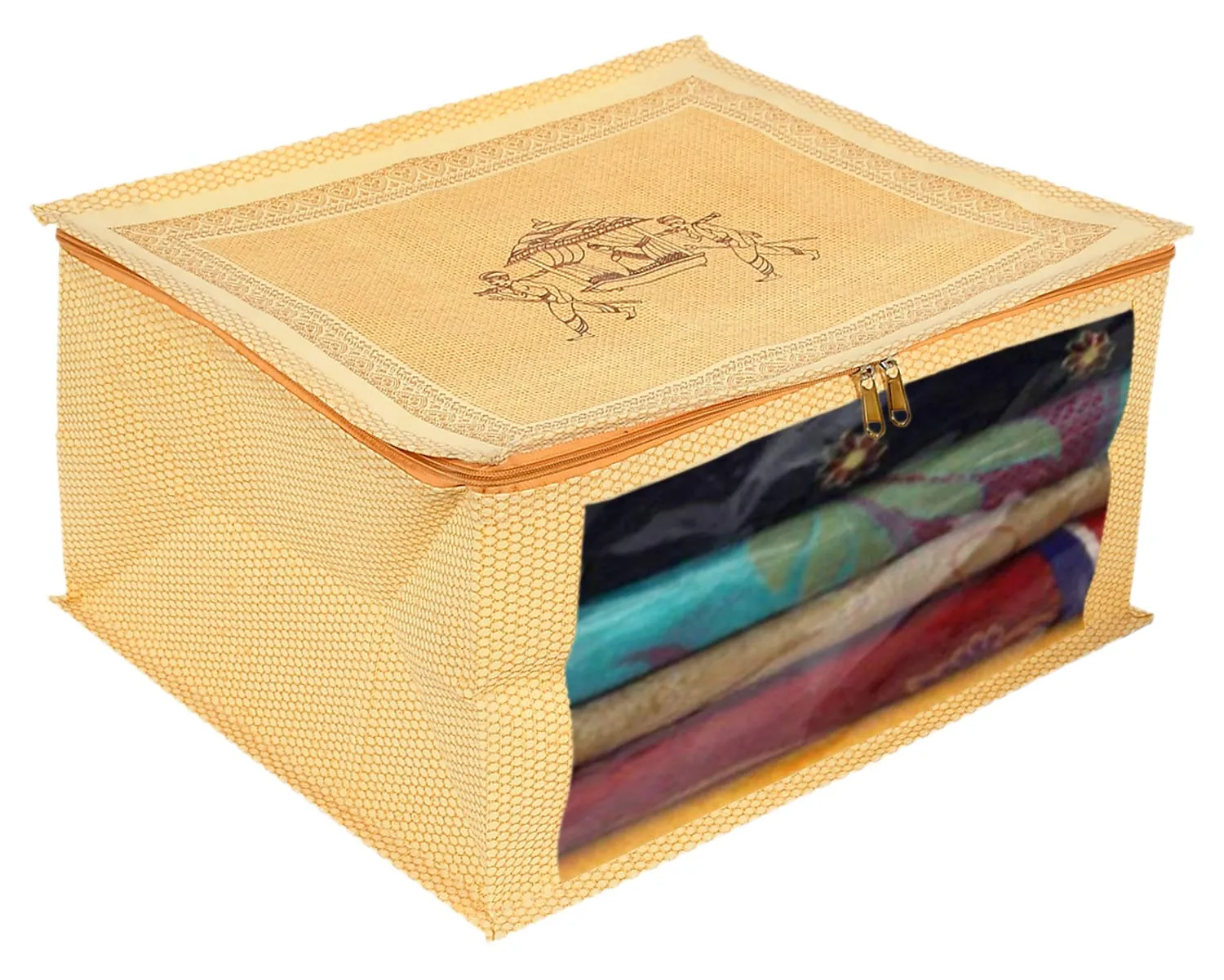 Heart Home Doli Printed Non-woven Foldable Saree Cover/Clothes Storage Bag/Wardrobe Organizer With Transparent Window- Pack of 2 (Gold)-50HH01359