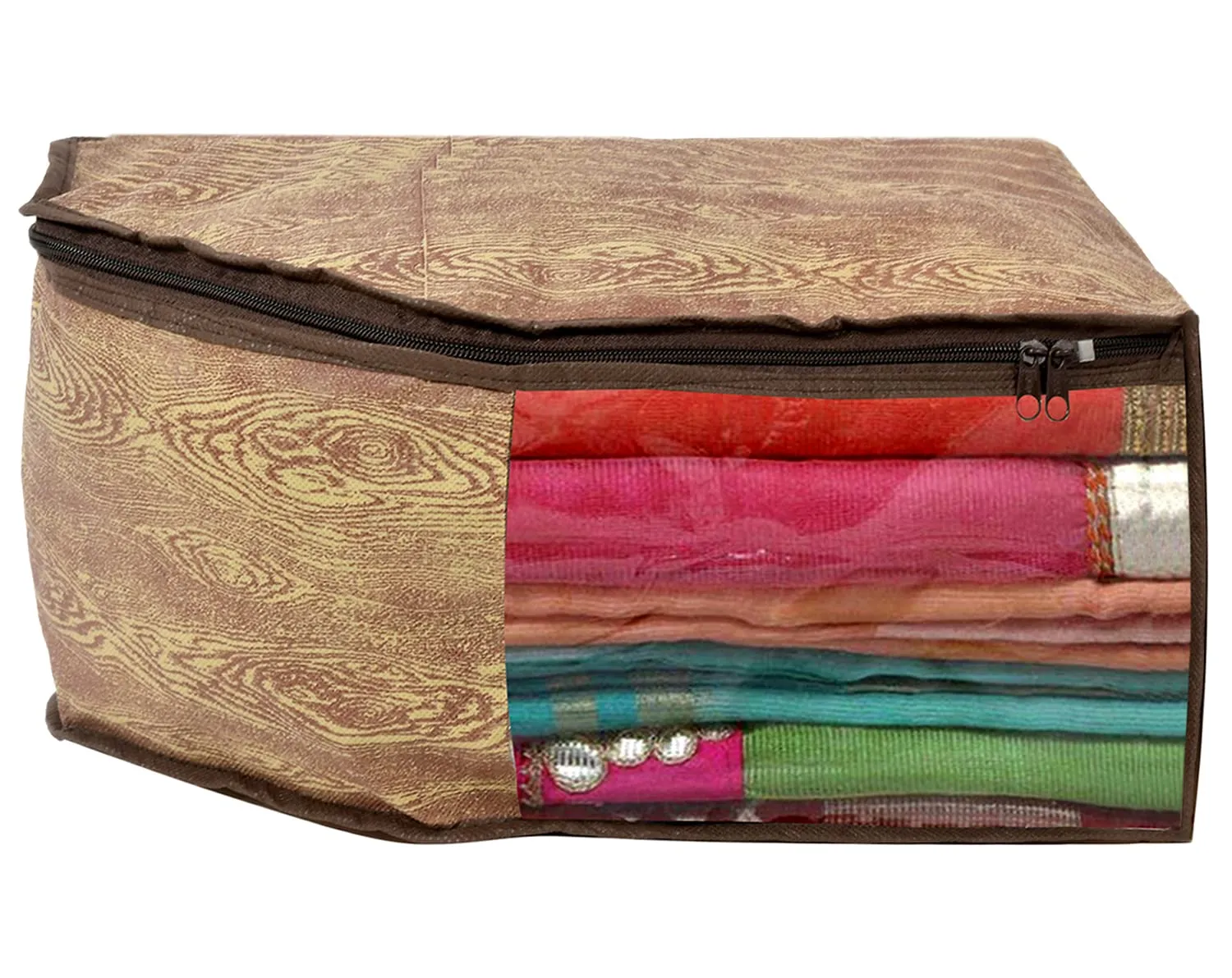 Heart Home Wooden Design Non-woven 4 Saree & 4 Blouse Cover/Organizer Set With Transparent Window- Pack of 8 (Brown) -44HH0564