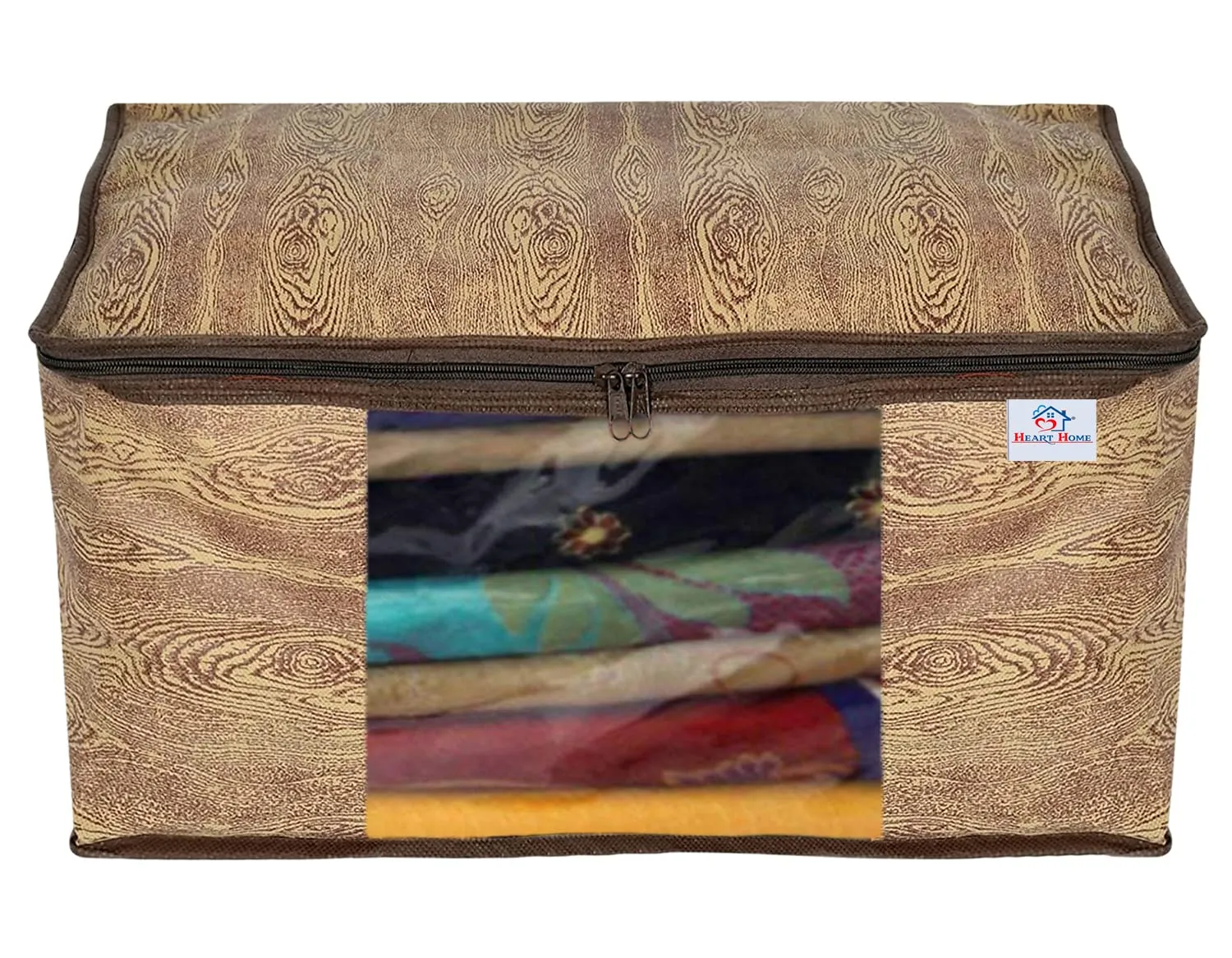 Heart Home Wooden Design Non-woven 4 Saree & 4 Blouse Cover/Organizer Set With Transparent Window- Pack of 8 (Brown) -44HH0564