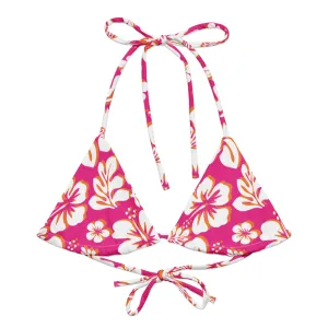 Hot Pink, Orange and White Hawaiian Flowers String Bikini Top