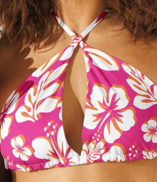 Hot Pink, Orange and White Hawaiian Flowers String Bikini Top