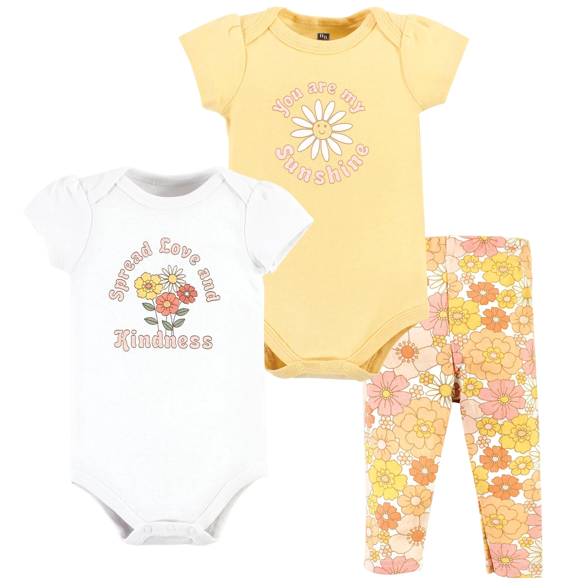 Hudson Baby Cotton Bodysuit and Pant Set, Peace Love Flowers Short Sleeve