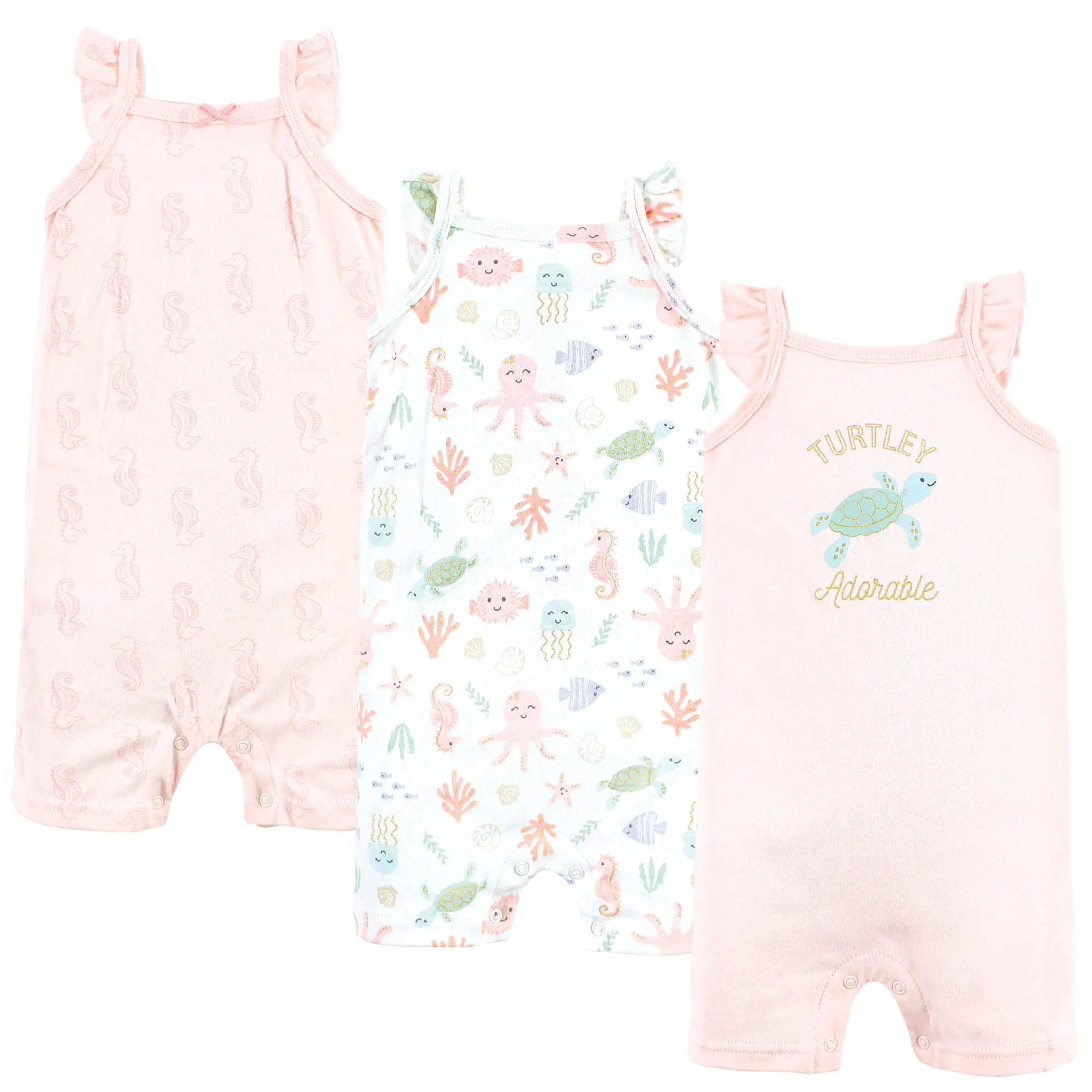 Hudson Baby Cotton Rompers, Turtley Adorable