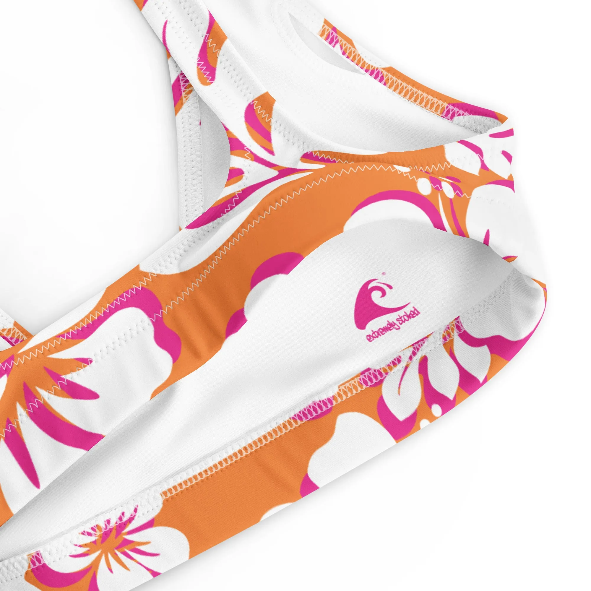 Juicy Orange, White and Hot Pink Hawaiian Flowers Halter Bikini Top