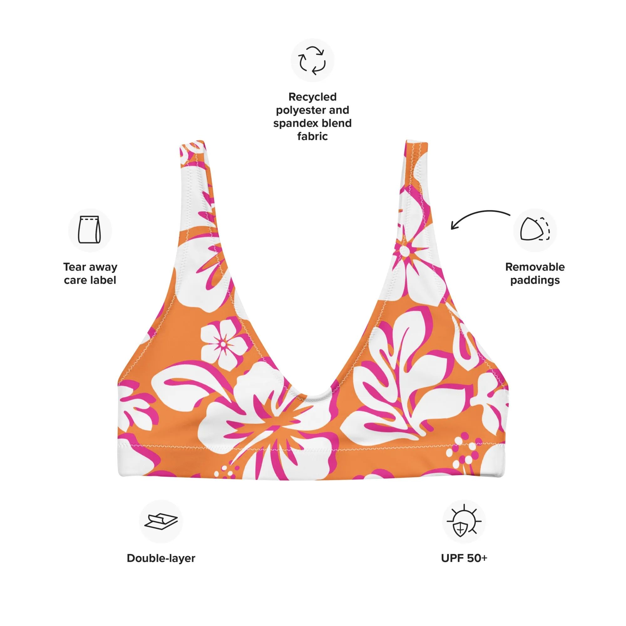 Juicy Orange, White and Hot Pink Hawaiian Flowers Halter Bikini Top