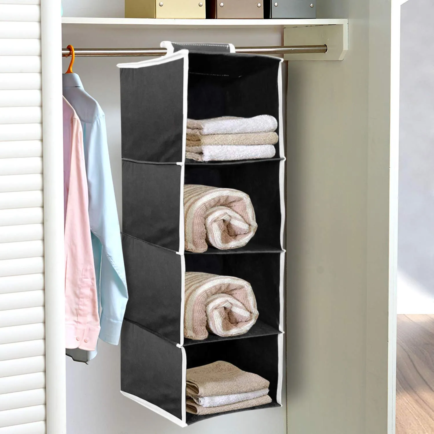 Kuber Industries 4 Shelf Closet Hanging Organizer, 4 Tier Closet Wardrobe Organizer Clothes Storage Hanger for Family Closet Bedroom, Foldable and Universal Fit (Black)-Pack of 2-KUBMART15329