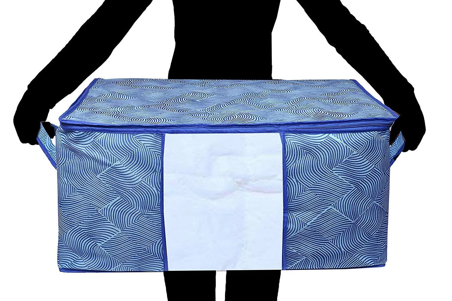 Kuber Industries Laheriya Design Non Woven Underbed Storage Bag|Large Storage Organiser|Blanket Cover with Transparent Window|Size 65 x 47 x 34 CM (Blue)-CTKTC134508