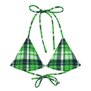 Lime Green and Navy Blue Preppy Surfer Girl Plaid String Bikini Top