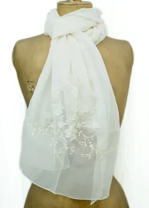 Long Vintage Cream Silk Chiffon Embroidered Applique Shawl Scarf