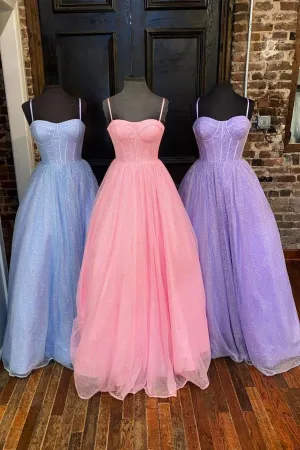 Lovely Tulle Spaghetti Strap Long Prom Dresses A-Line Evening Dresses