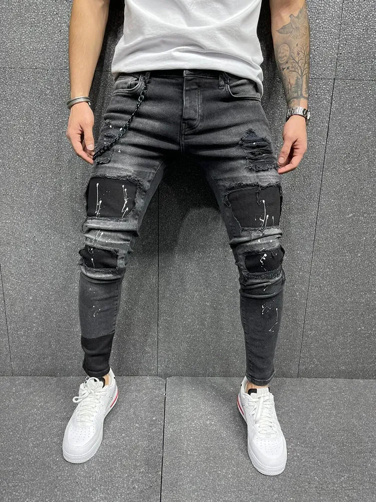 Men'S Ripped Printed Jeans Patch Stretch Jeans