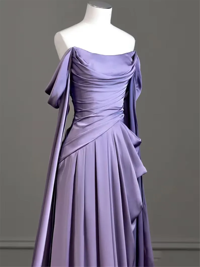 Modest Purple Satin Long Prom Dress,Purple Evening Dress