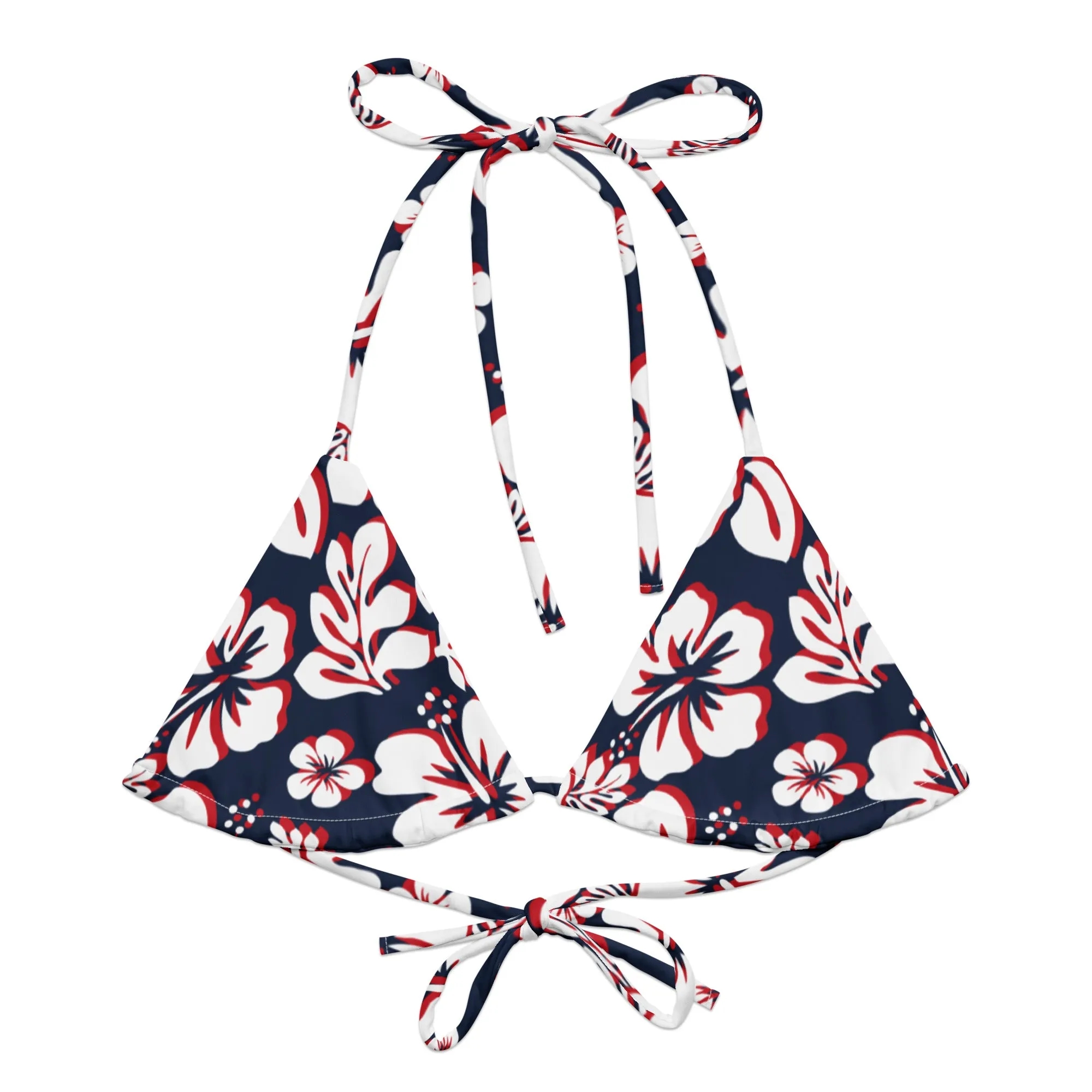 Navy Blue, Red and White Hawaiian Flowers String Bikini Top