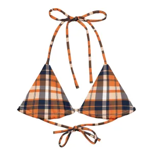 Orange and Navy Blue Preppy Surfer Girl Plaid String Bikini Top