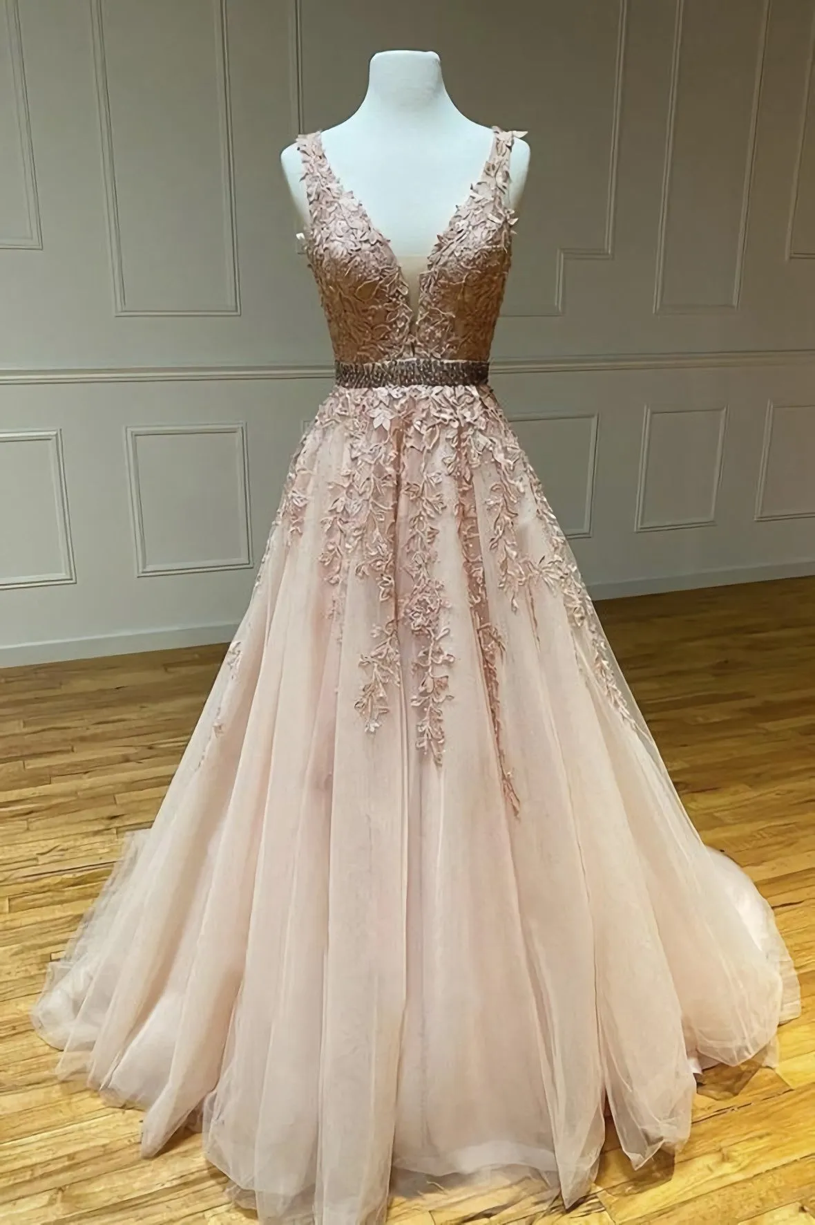 Pink V Neck Lace Long A Line Prom Dress Evening Dress