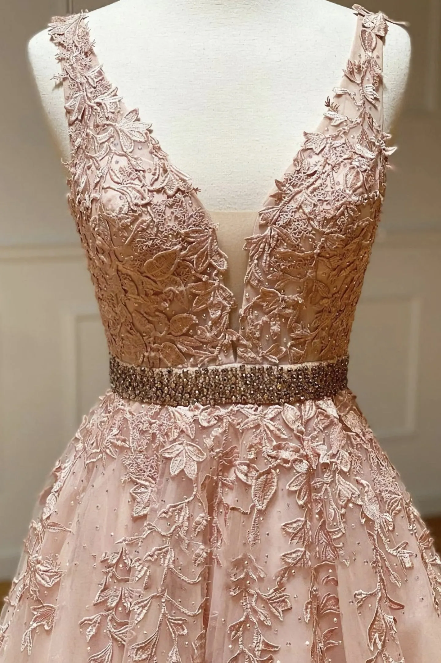 Pink V Neck Lace Long A Line Prom Dress Evening Dress