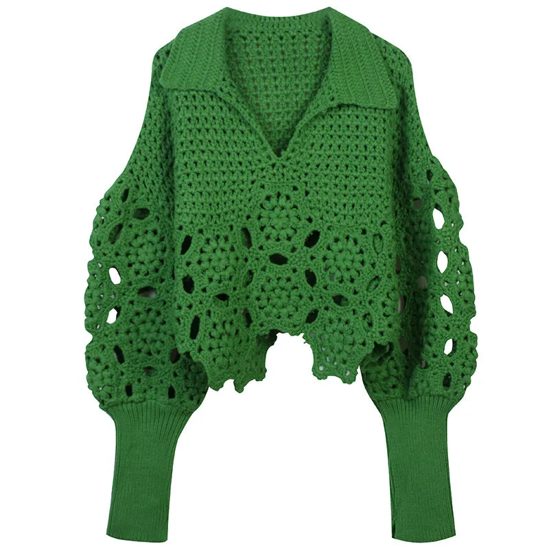 Pre Order:  Crochet Collar Lantern Sleeve Hollow Sweater