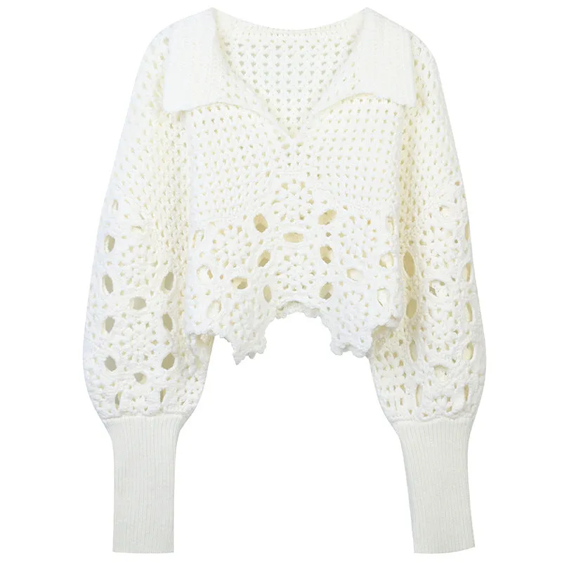 Pre Order:  Crochet Collar Lantern Sleeve Hollow Sweater