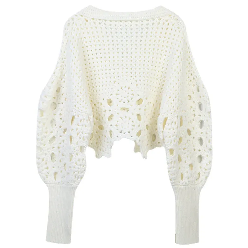 Pre Order:  Crochet Collar Lantern Sleeve Hollow Sweater