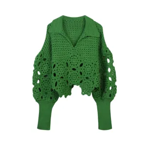 Pre Order:  Crochet Collar Lantern Sleeve Hollow Sweater