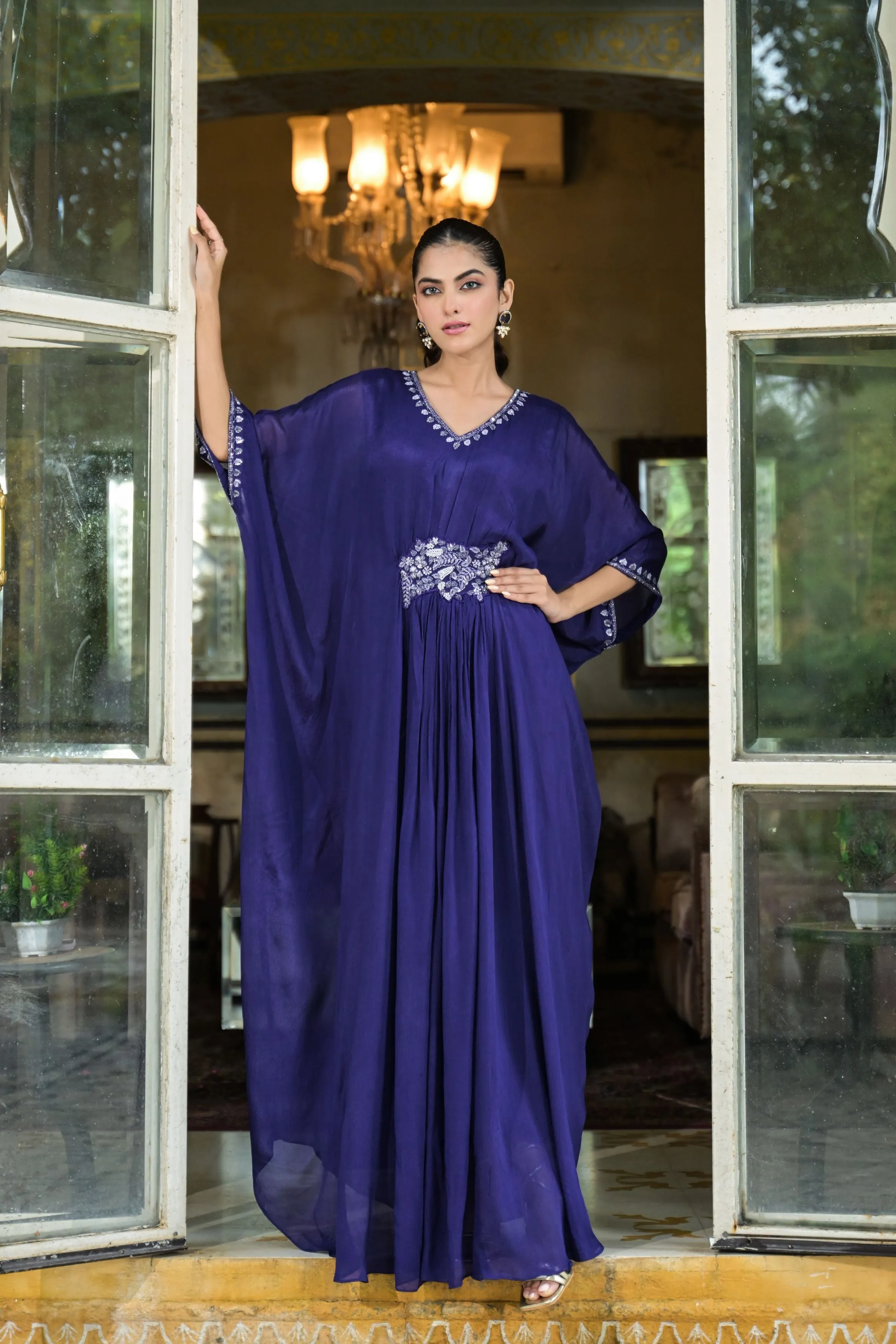 Purple Embellished Vama Georgette Silk Kaftan Dress