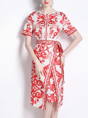 Red Porcelain Print Crew Neck And Irregular Hem Bodycon Summer Dress For Women Girls